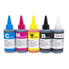Ink Set 5 Colours with grey (BK/C/M/Y/GY). 5 x 100 ml. Refill Ink. Free Delivery.